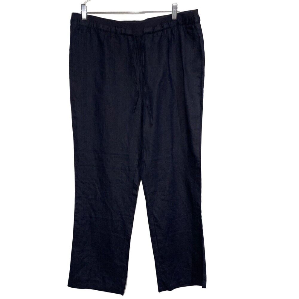 Ellen Tracy Pants XL‎ Navy Blue 100% Linen Trouser Wide Leg Elastic Waist